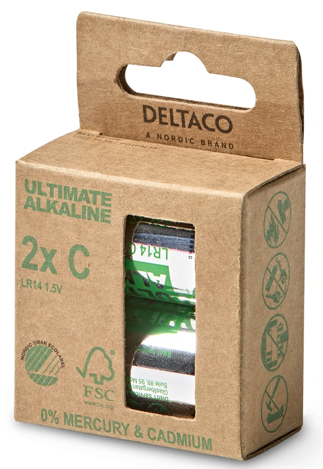 Deltaco Ultimate Alkaline - Batteri, LR14C, 1,5V, 2-pack - Grå