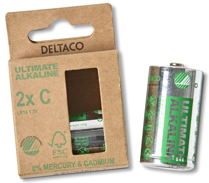 Deltaco Ultimate Alkaline - Batteri, LR14C, 1,5V, 2-pack - Grå