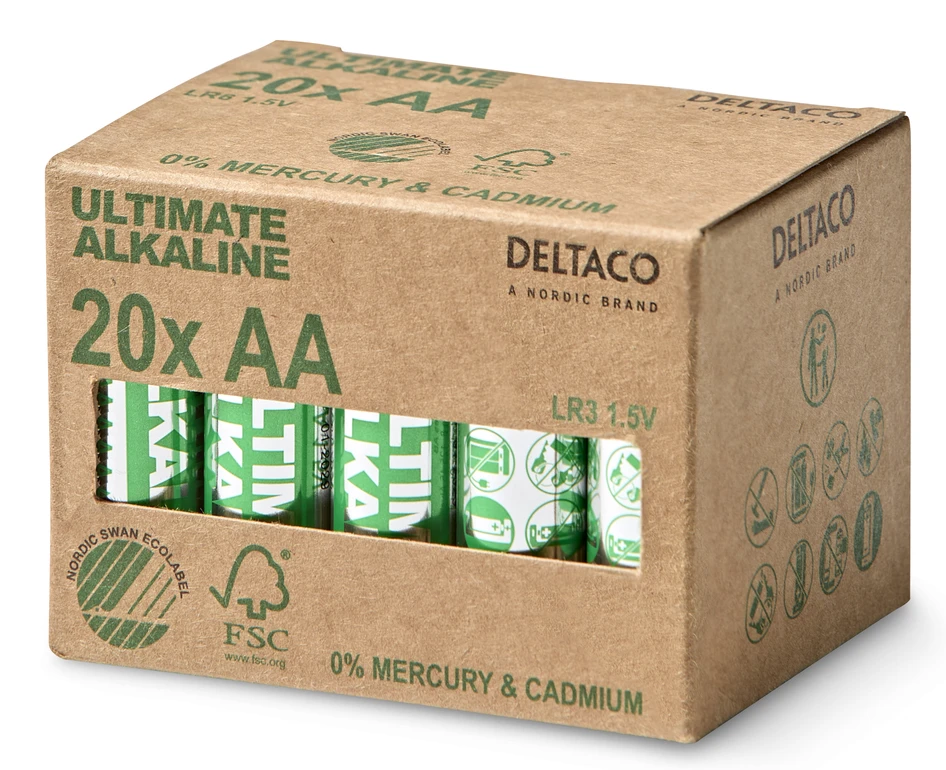 Deltaco Ultimate Alkaline - Batteri, LR6/AA, 1,5V 20-pack - Grå