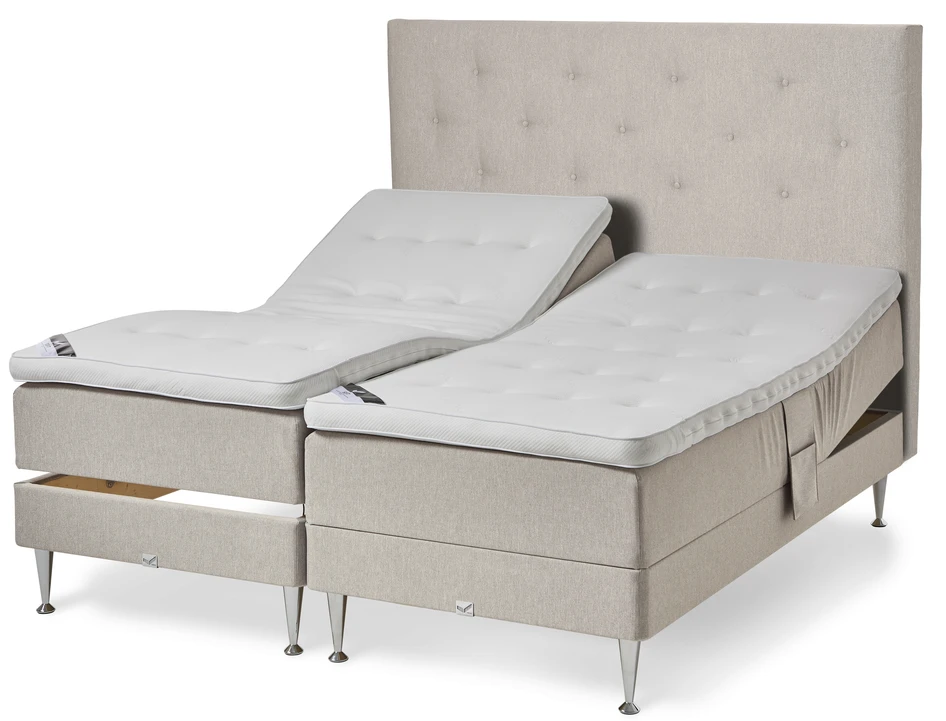 Väderö - Ställbar säng, dubbelsäng med bäddmadrass och sänggavel pikerad - Beige