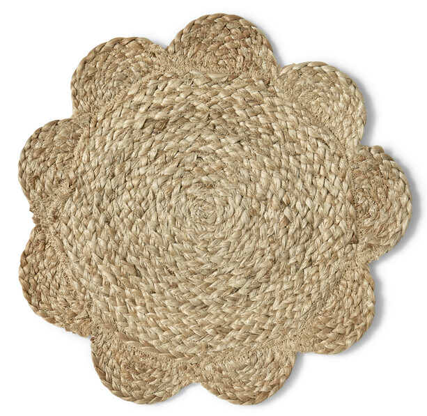 Jute - Tablett i flätad jute, Ø 38 cm, blomma - Beige