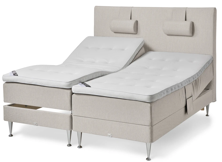 Väderö - Ställbar säng, dubbelsäng med bäddmadrass och sänggavel slät - Beige
