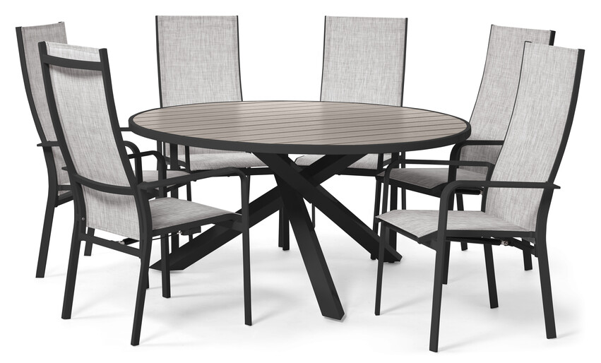 Modena - Utegrupp med bord och 6 reclinerstolar - Svart