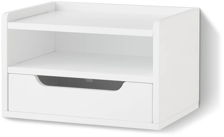 Plint - Vägghängt sängbord, 1 låda & 1 hylla, 40x30x25 cm - Vit