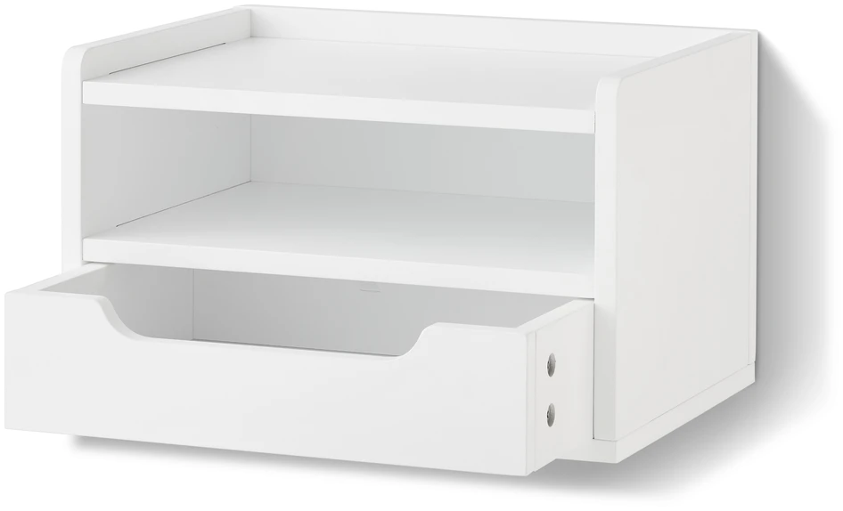 Plint - Vägghängt sängbord, 1 låda & 1 hylla, 40x30x25 cm - Vit