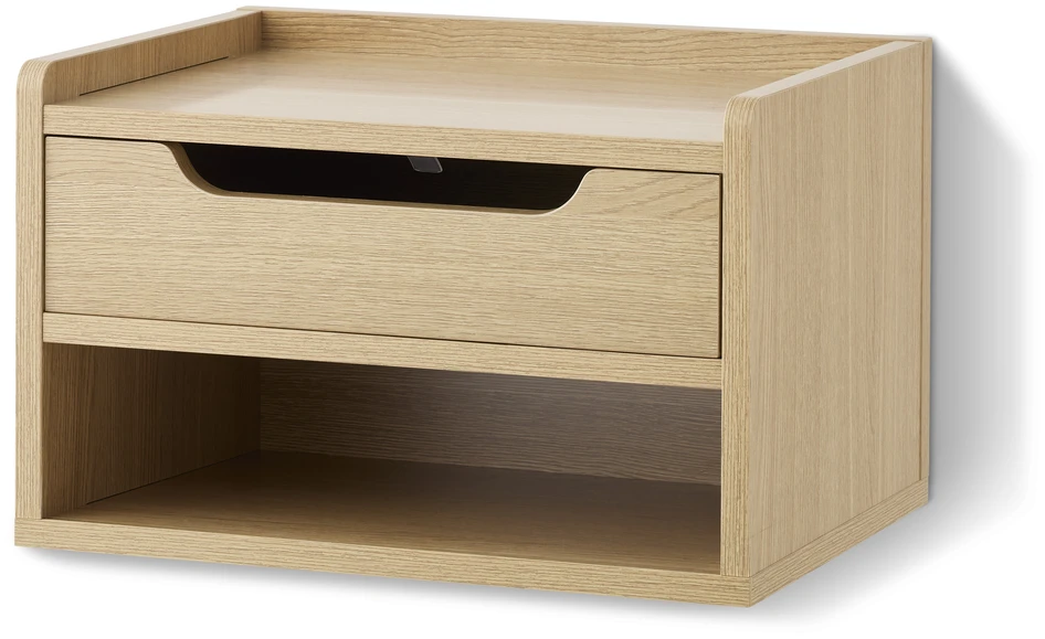 Plint - Vägghängt sängbord, 1 låda & 1 hylla, 40x30x25 cm - Beige