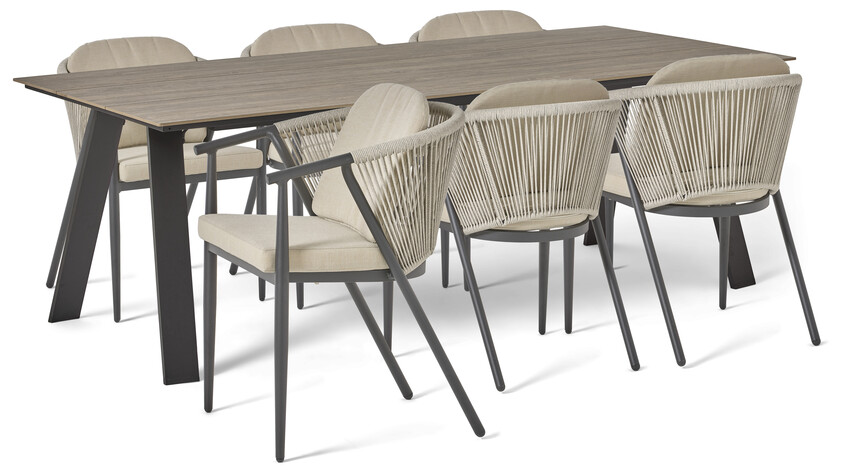Plaza - Utegrupp med bord och 6 karmstolar - Beige