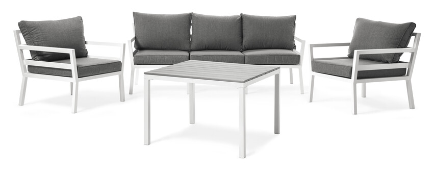 Maxime - Utegrupp med soffa och 2 fåtöljer med bord - Vit