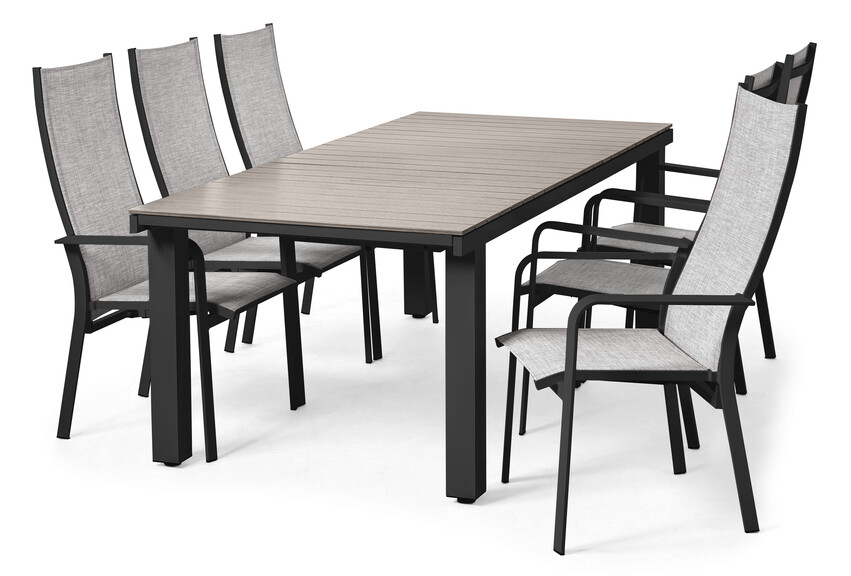 Modena - Utegrupp med bord och 6 reclinerstolar - Svart