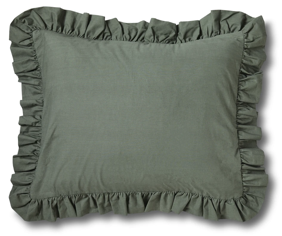 Bridgeport - Örngott i garnfärgad bomull med volang, 50x60 cm - Grön