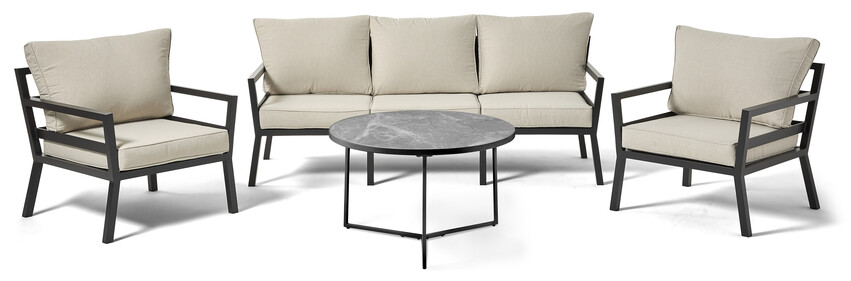 Maxime/Encore -  Utesoffa och 2 utefåtöljer med bord Ø 80 cm - Svart