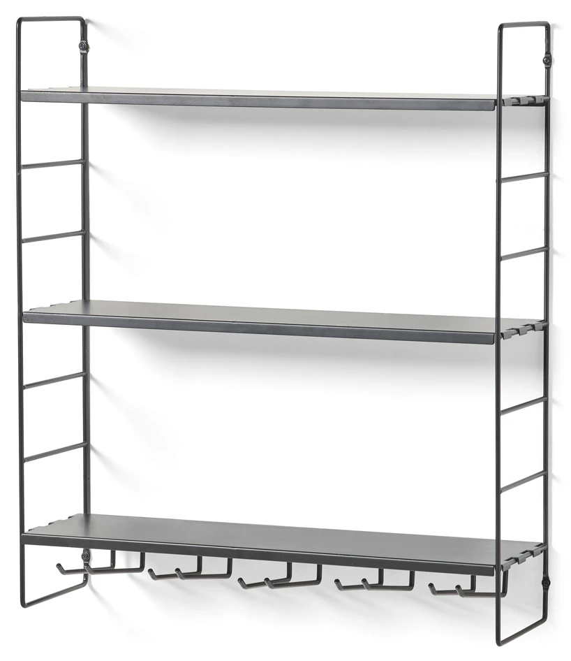 Wera - Vägghylla byggbar med 3 hyllplan varav 1 med spjut/hängare, 60x18x69,4 cm - Svart