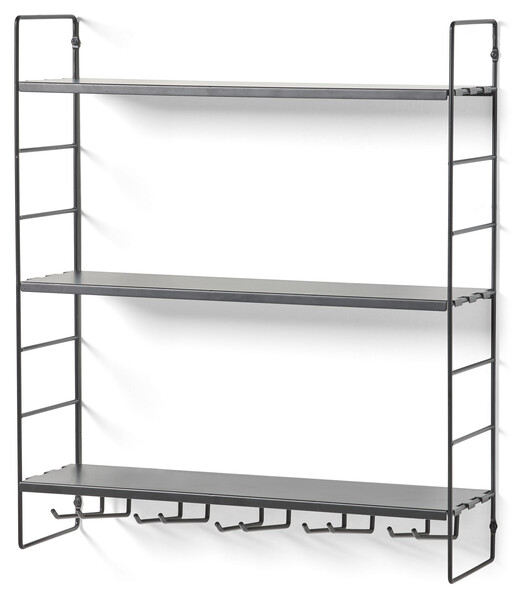 Wera - Vägghylla byggbar med 3 hyllplan varav 1 med spjut/hängare, 60x18x69,4 cm - Svart