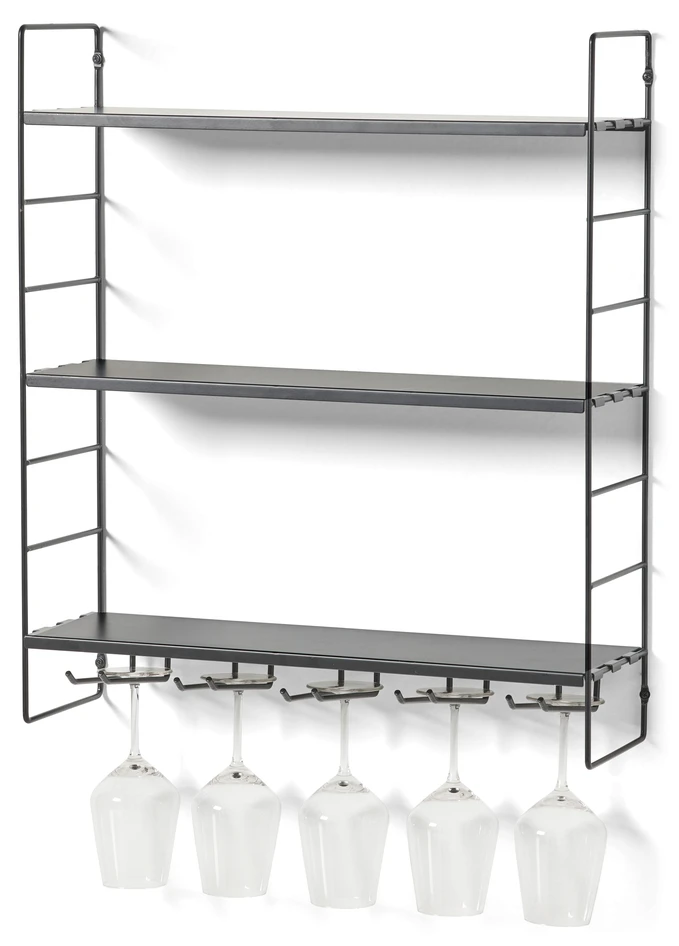Wera - Vägghylla byggbar med 3 hyllplan varav 1 med spjut/hängare, 60x18x69,4 cm - Svart