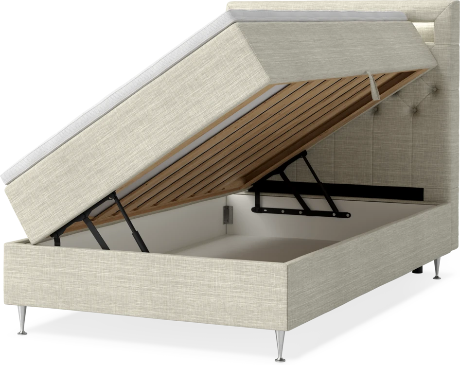 New York - Förvaringssäng, enkelsäng med bäddmadrass, sängben och sänggavel LED - Beige