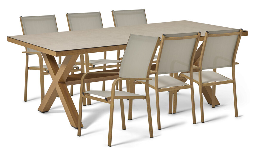 Monza - Utegrupp med bord och 6 utekarmstolar - Brun