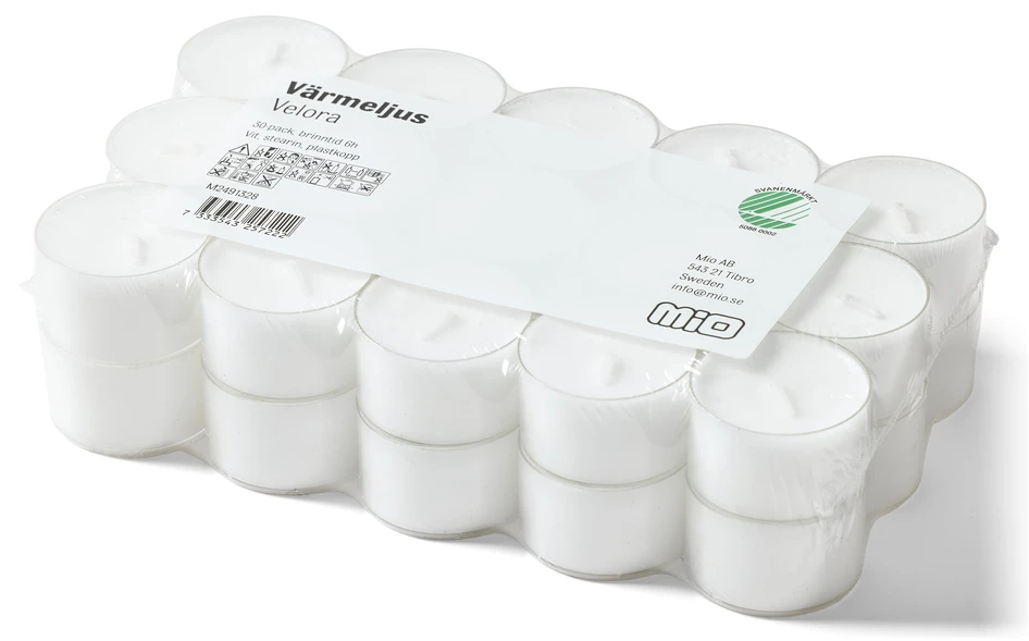 Velora - Värmeljus, 30-pack, H 2,4 Ø 3,8 cm, plastkopp, brinntid 6 h - Vit
