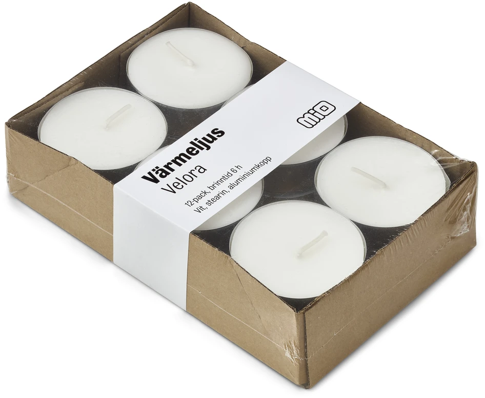 Velora - Värmeljus, H 2 Ø 5,7 cm, maxi-storlek, brinntid 6 h, 12-pack - Vit