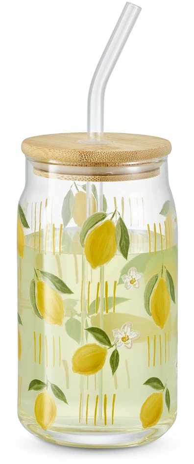 Limone - Glasmugg med lock och sugrör, H 14,2 Ø 7,5 cm, 40 cl - Flerfärgad
