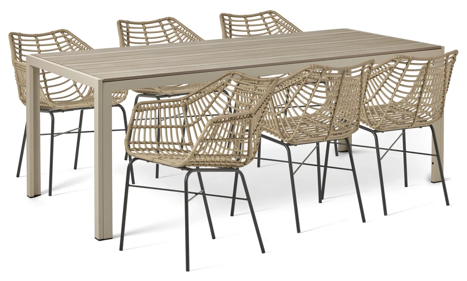 Village/Forza - Utegrupp med bord och 6 karmstolar - Beige