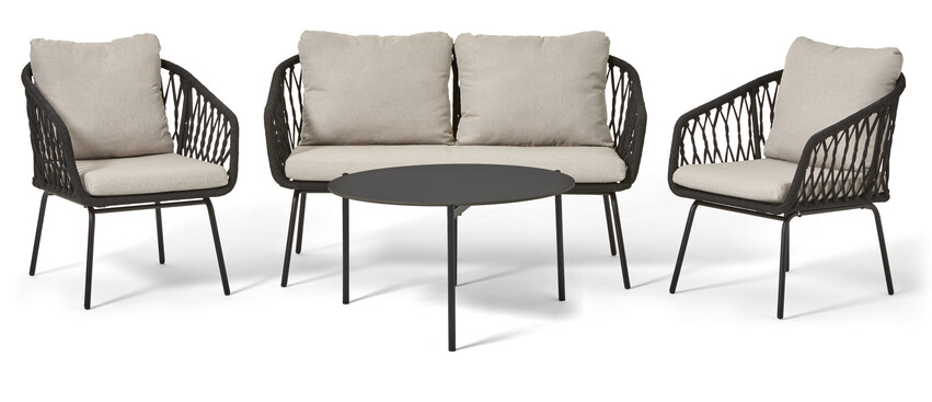 Melody/Domino - Utegrupp med soffa, 2 fåtöljer och bord - Svart