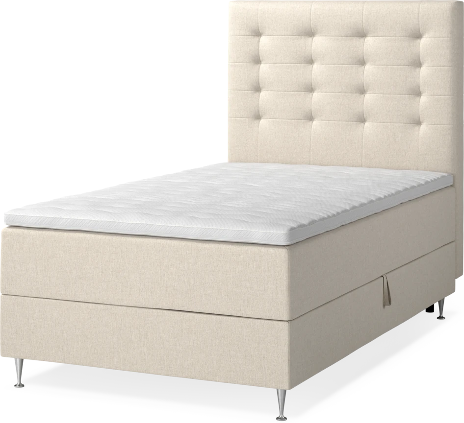 New York - Förvaringssäng, enkelsäng med bäddmadrass, sängben och sänggavel trensad - Beige