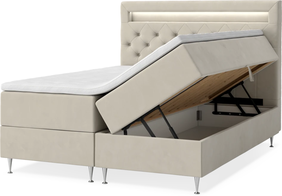 New York - Förvaringssäng, dubbelsäng med bäddmadrass, sängben och sänggavel LED - Beige