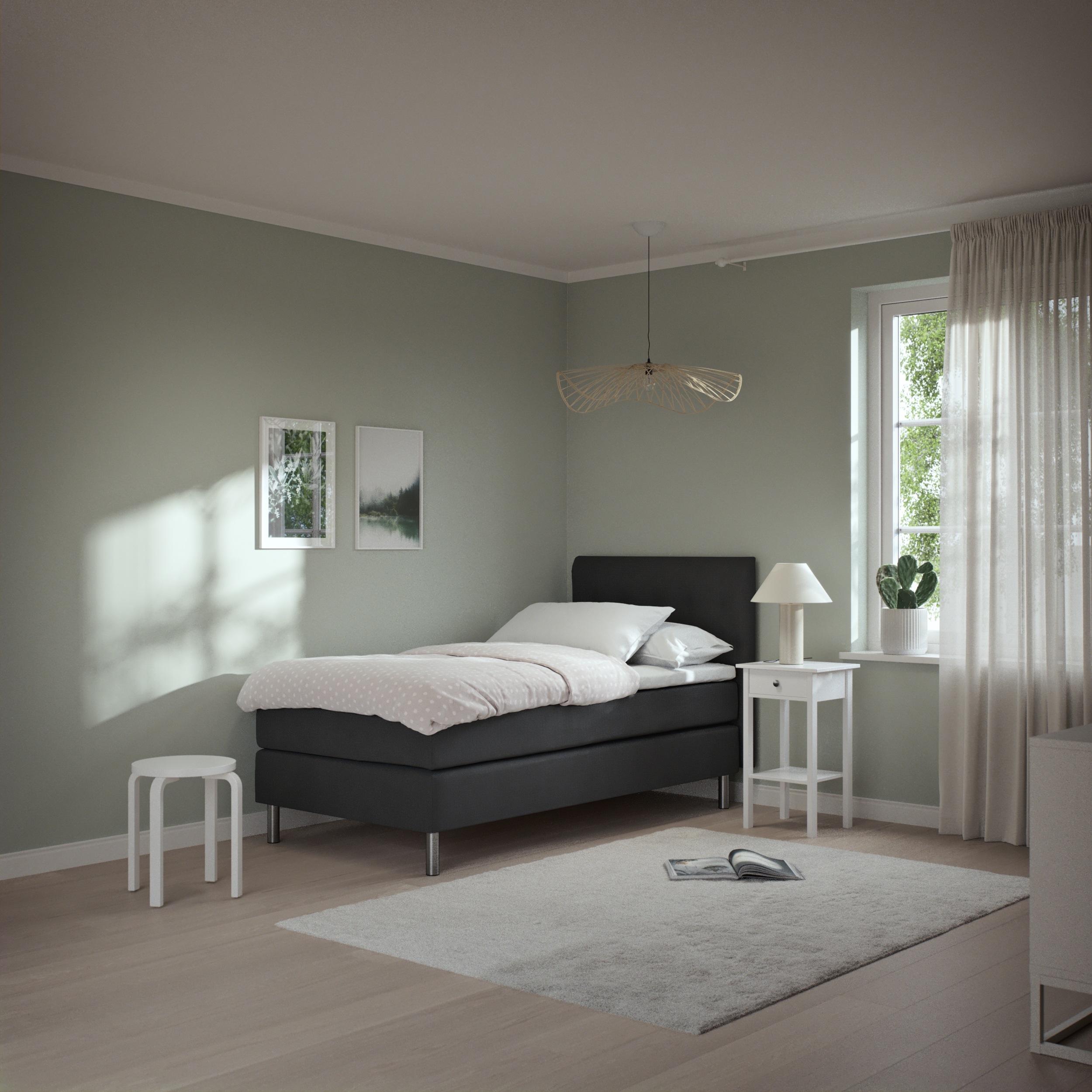 Roma Family, Kontinentalsäng, enkelsäng med bäddmadrass och sänggavel låg pikerad, B 105-140