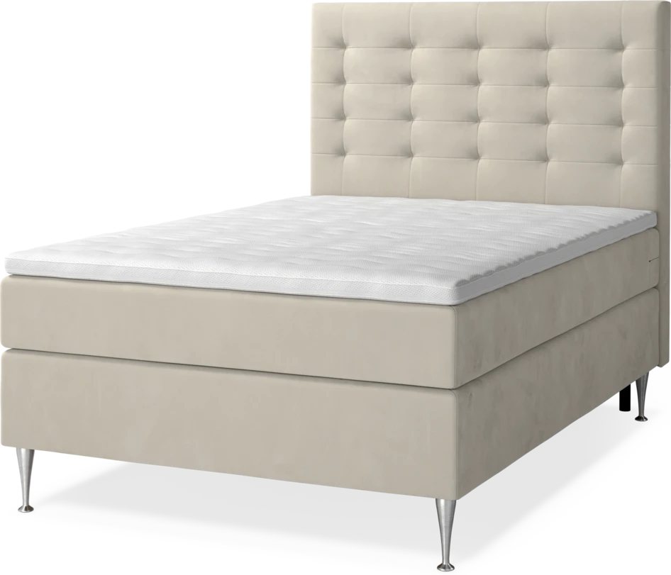 New York - Kontinentalsäng, enkelsäng med bäddmadrass, sängben och sänggavel trensad - Beige