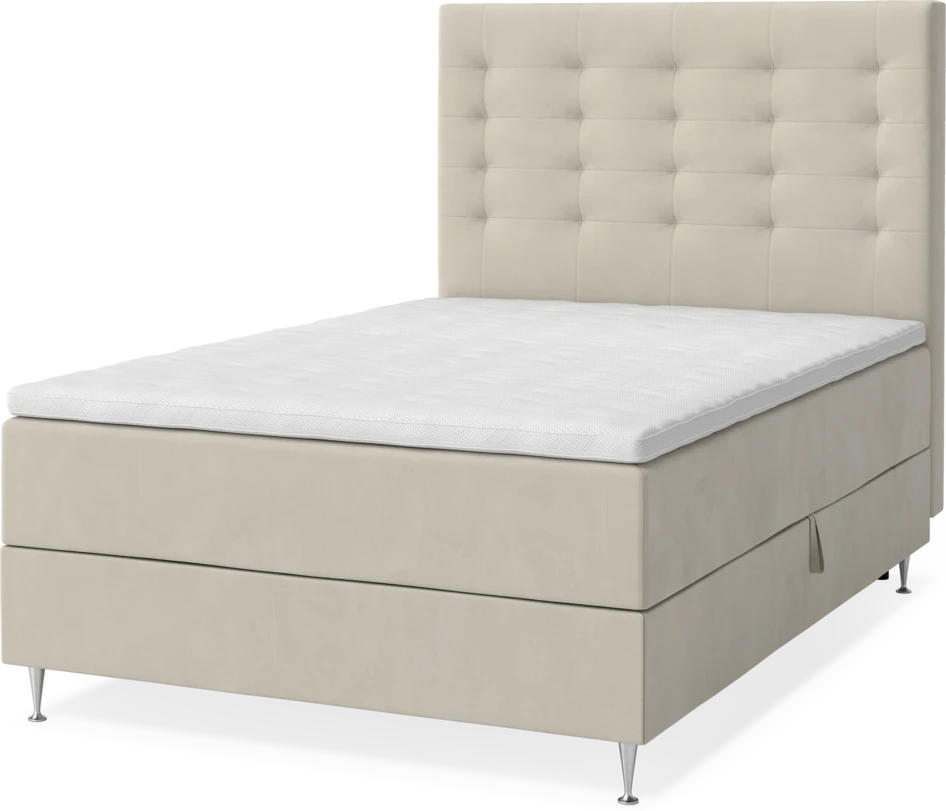 New York - Förvaringssäng, enkelsäng med bäddmadrass, sängben och sänggavel trensad - Beige