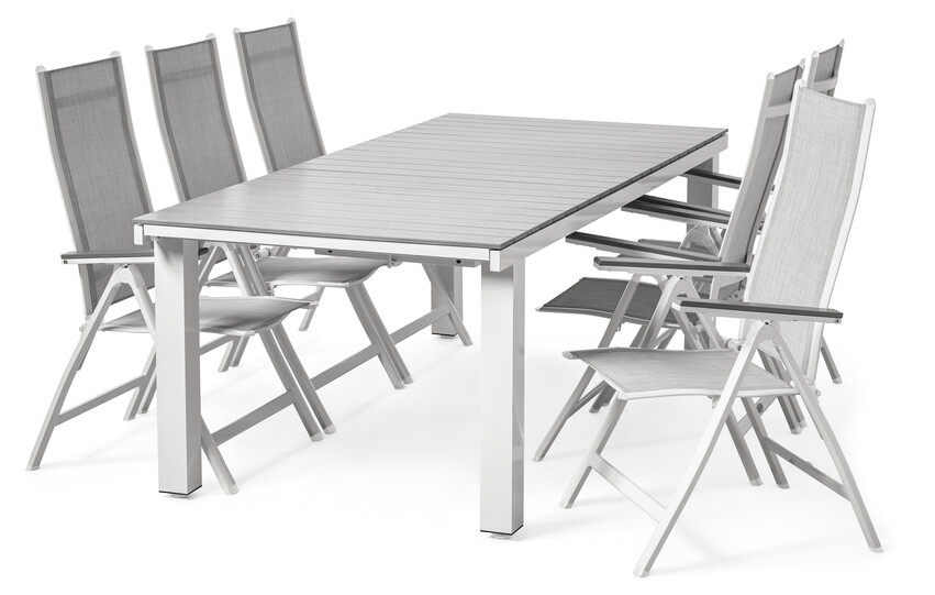 Modena - Utegrupp med bord L 220-319 cm och 6 positionsstolar - Vit