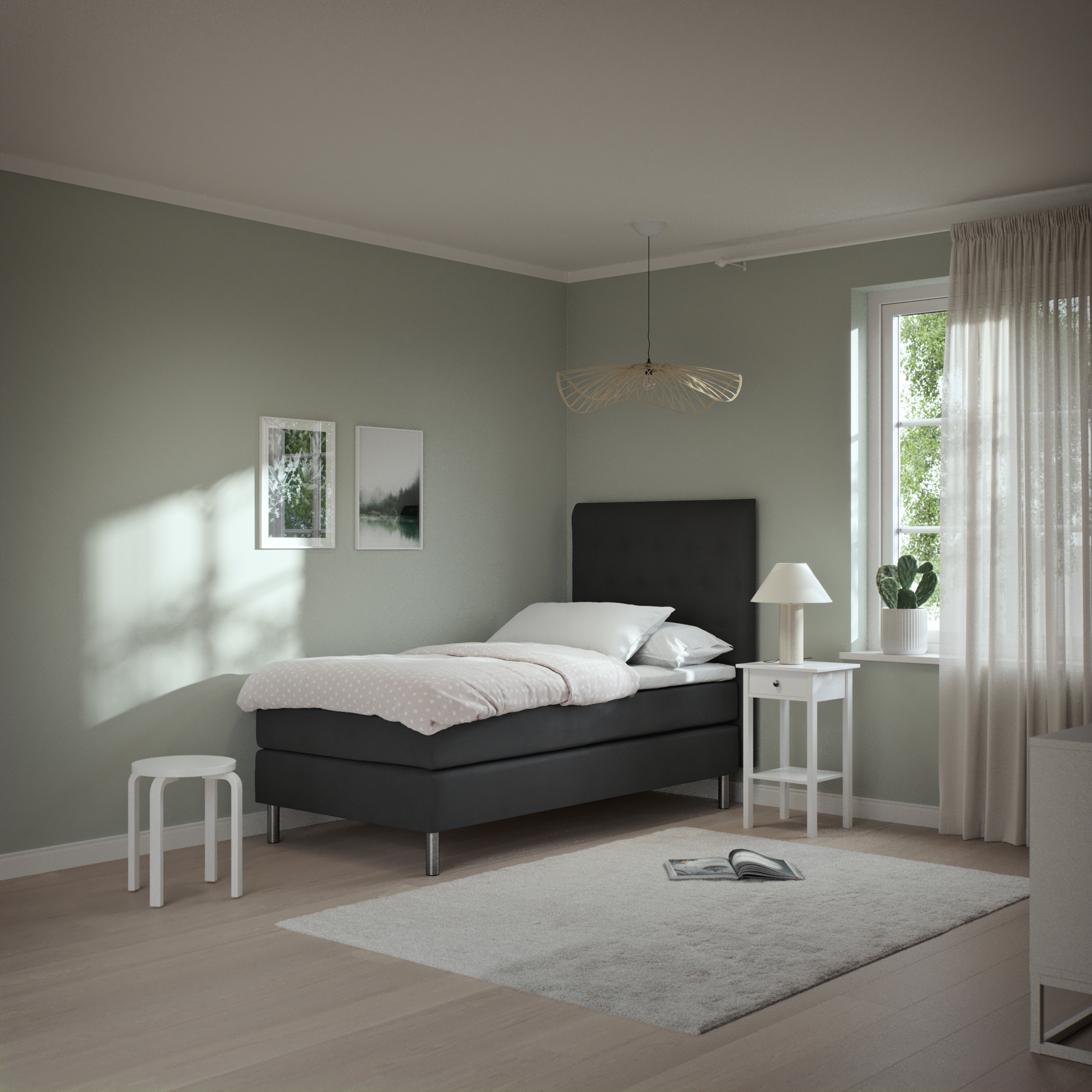 Roma Family, Kontinentalsäng, enkelsäng med bäddmadrass och sänggavel pikerad, B 105-140