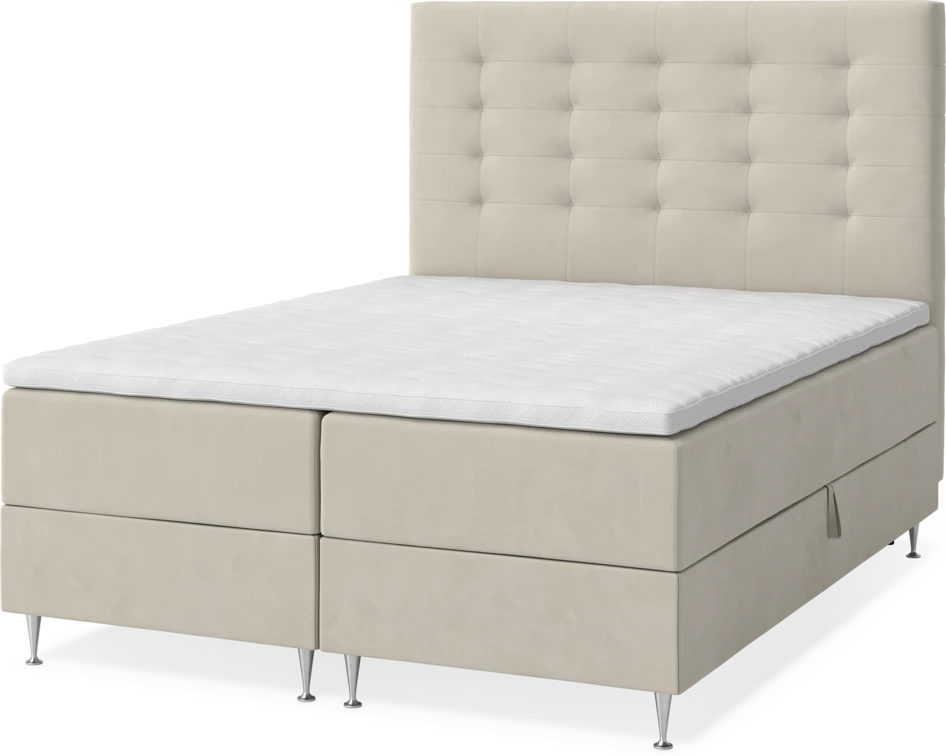 New York - Förvaringssäng, dubbelsäng med bäddmadrass, sängben och sänggavel trensad - Beige