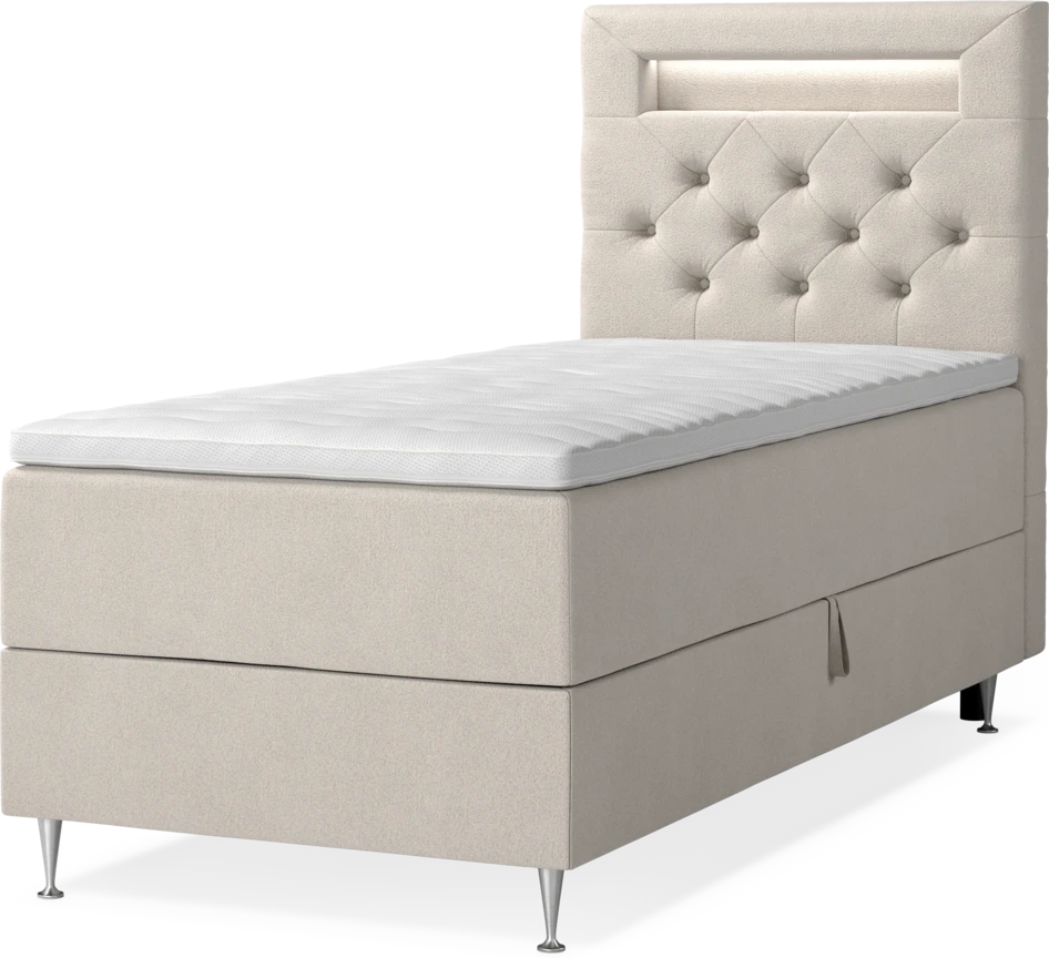 New York - Förvaringssäng, enkelsäng med bäddmadrass, sängben och sänggavel LED - Beige