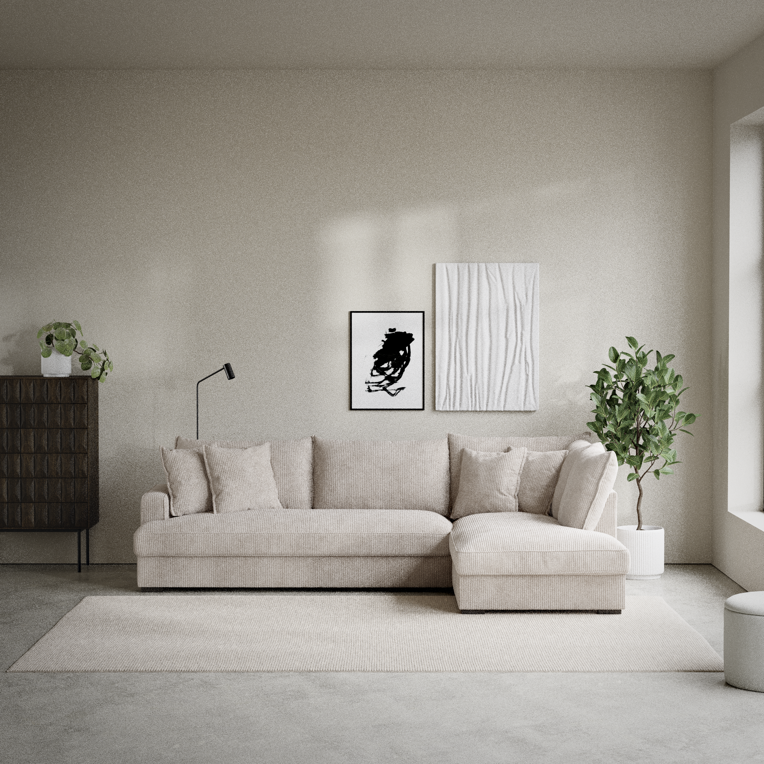Mila, 3-sits soffa med divan höger, hel dyna
