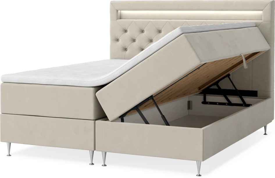 New York - Förvaringssäng, dubbelsäng med bäddmadrass, sängben och sänggavel LED - Beige