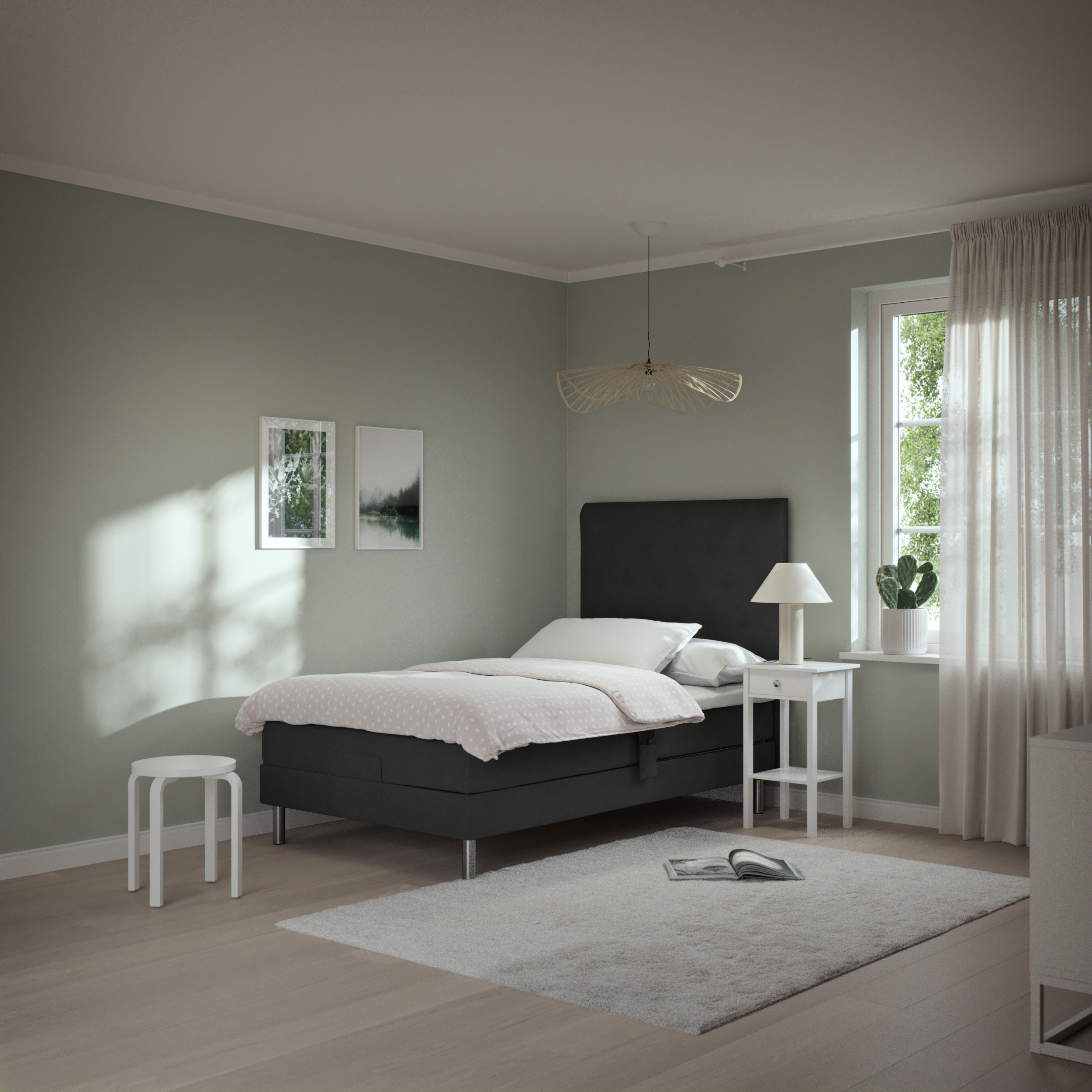 Roma Family, Ställbar säng, enkelsäng med bäddmadrass och sänggavel pikerad, B 90-120