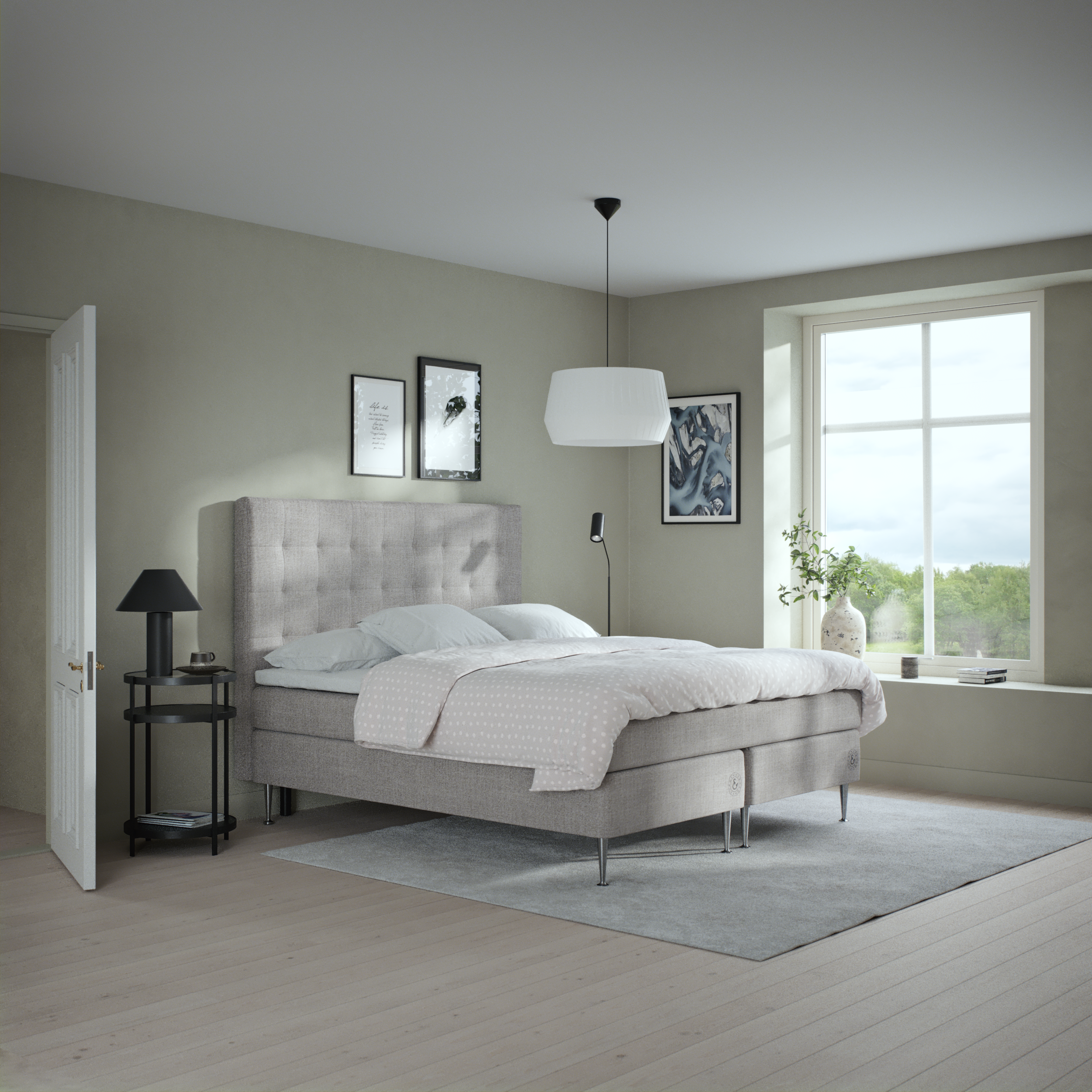 Asperö, Kontinentalsäng, dubbelsäng med bäddmadrass, sängben och sänggavel bris