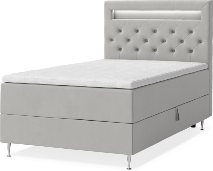 New York - Förvaringssäng, enkelsäng med bäddmadrass, sängben och sänggavel LED - Grå