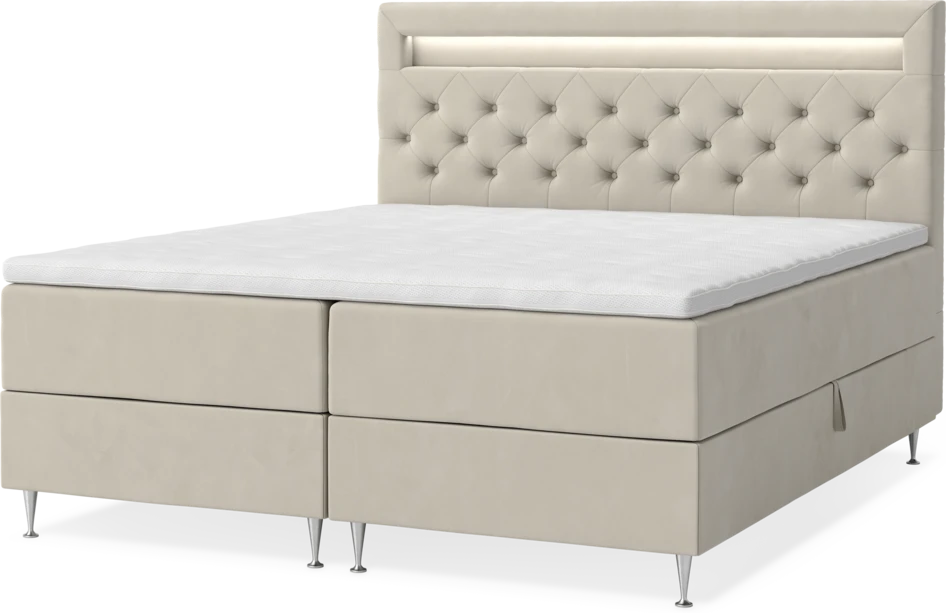 New York - Förvaringssäng, dubbelsäng med bäddmadrass, sängben och sänggavel LED - Beige