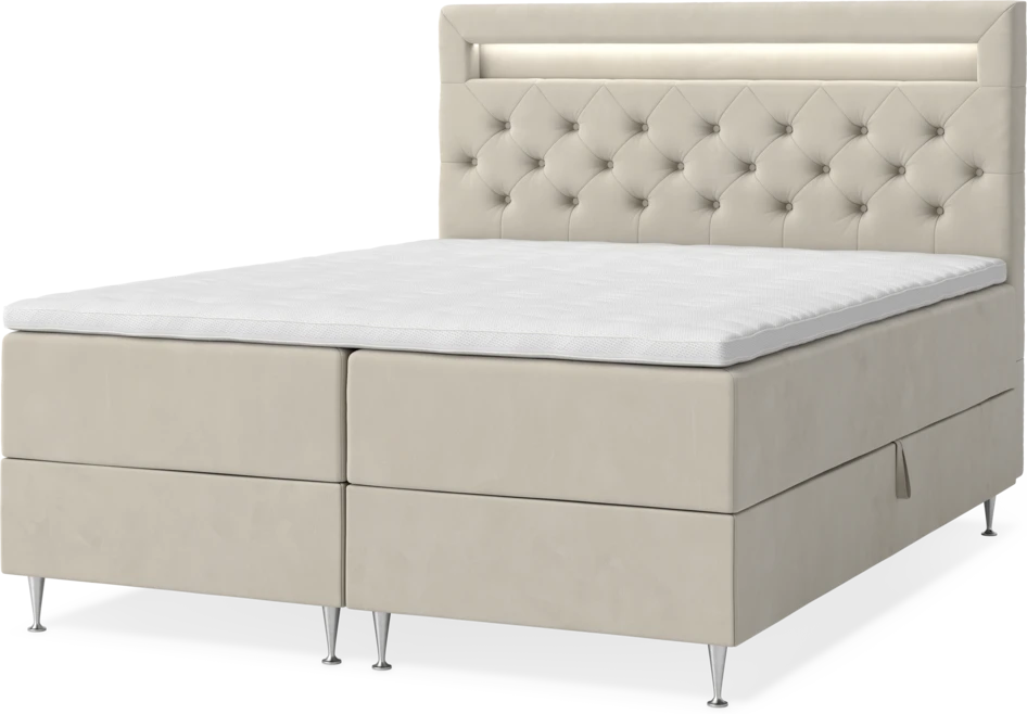 New York - Förvaringssäng, dubbelsäng med bäddmadrass, sängben och sänggavel LED - Beige