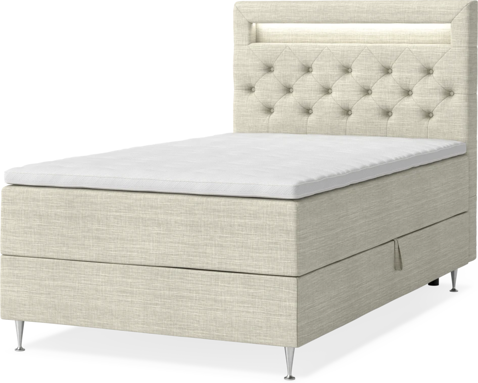 New York - Förvaringssäng, enkelsäng med bäddmadrass, sängben och sänggavel LED - Beige