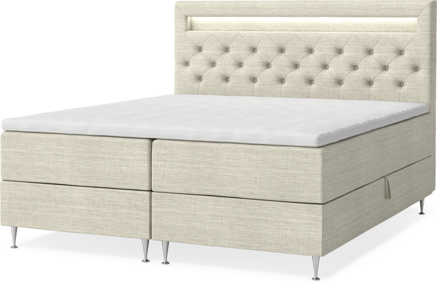 New York - Förvaringssäng, dubbelsäng med bäddmadrass och sänggavel LED - Beige