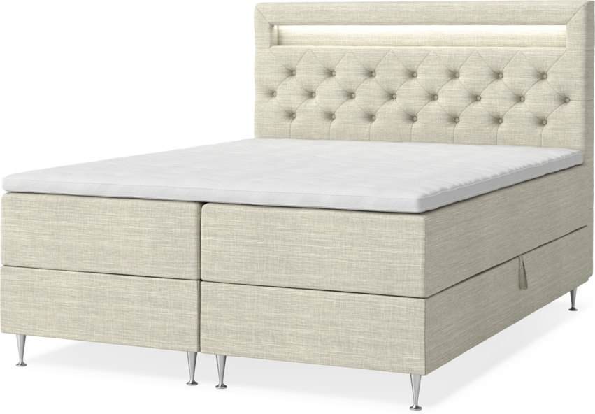 New York - Förvaringssäng, dubbelsäng med bäddmadrass och sänggavel LED - Beige