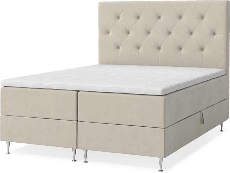 New York - Förvaringssäng, dubbelsäng med bäddmadrass, sängben och sänggavel pikerad - Beige