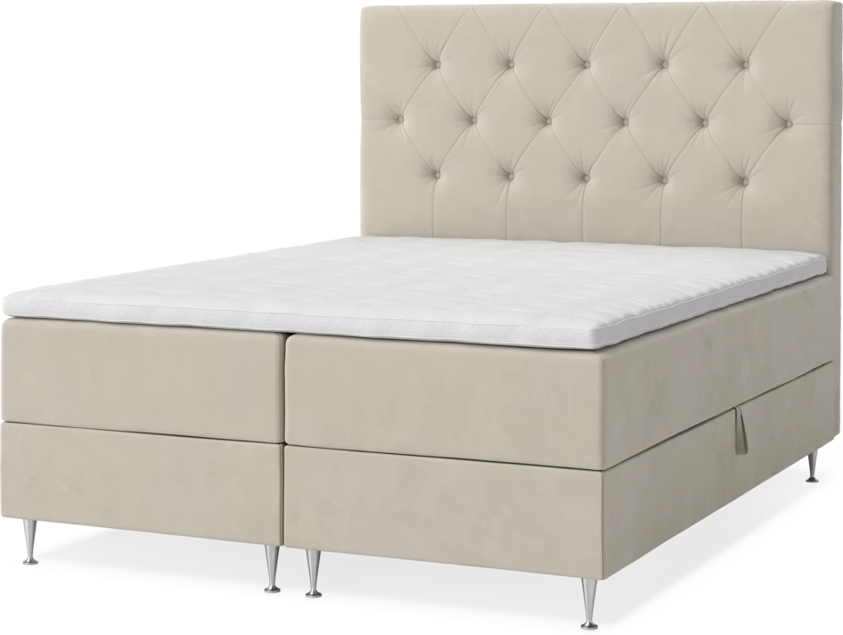 New York - Förvaringssäng, dubbelsäng med bäddmadrass, sängben och sänggavel pikerad - Beige