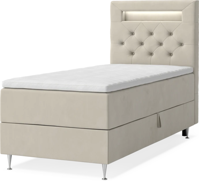 New York, Förvaringssäng, enkelsäng med bäddmadrass, sängben och sänggavel LED