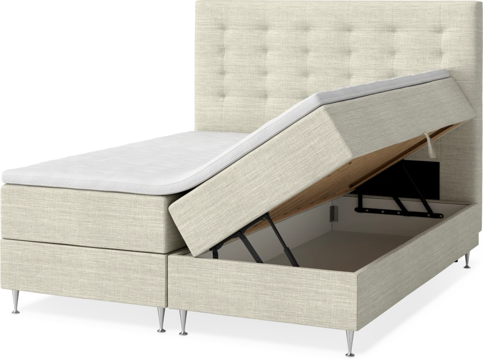 New York - Förvaringssäng, dubbelsäng med bäddmadrass, sängben och sänggavel trensad - Beige